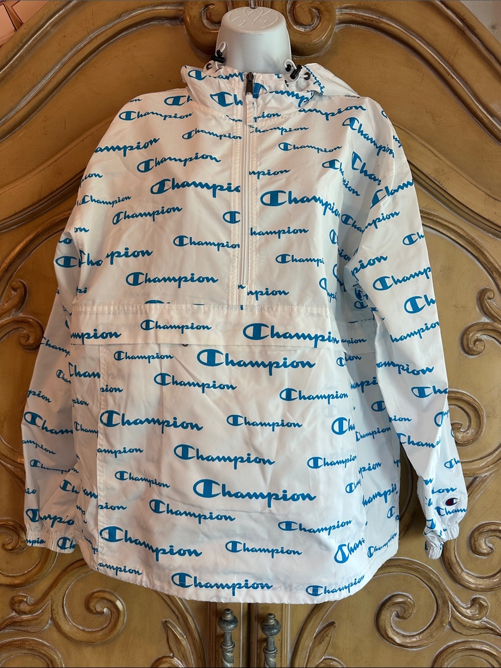NWOT Champion White Pullover with Blue Allover Logo Print